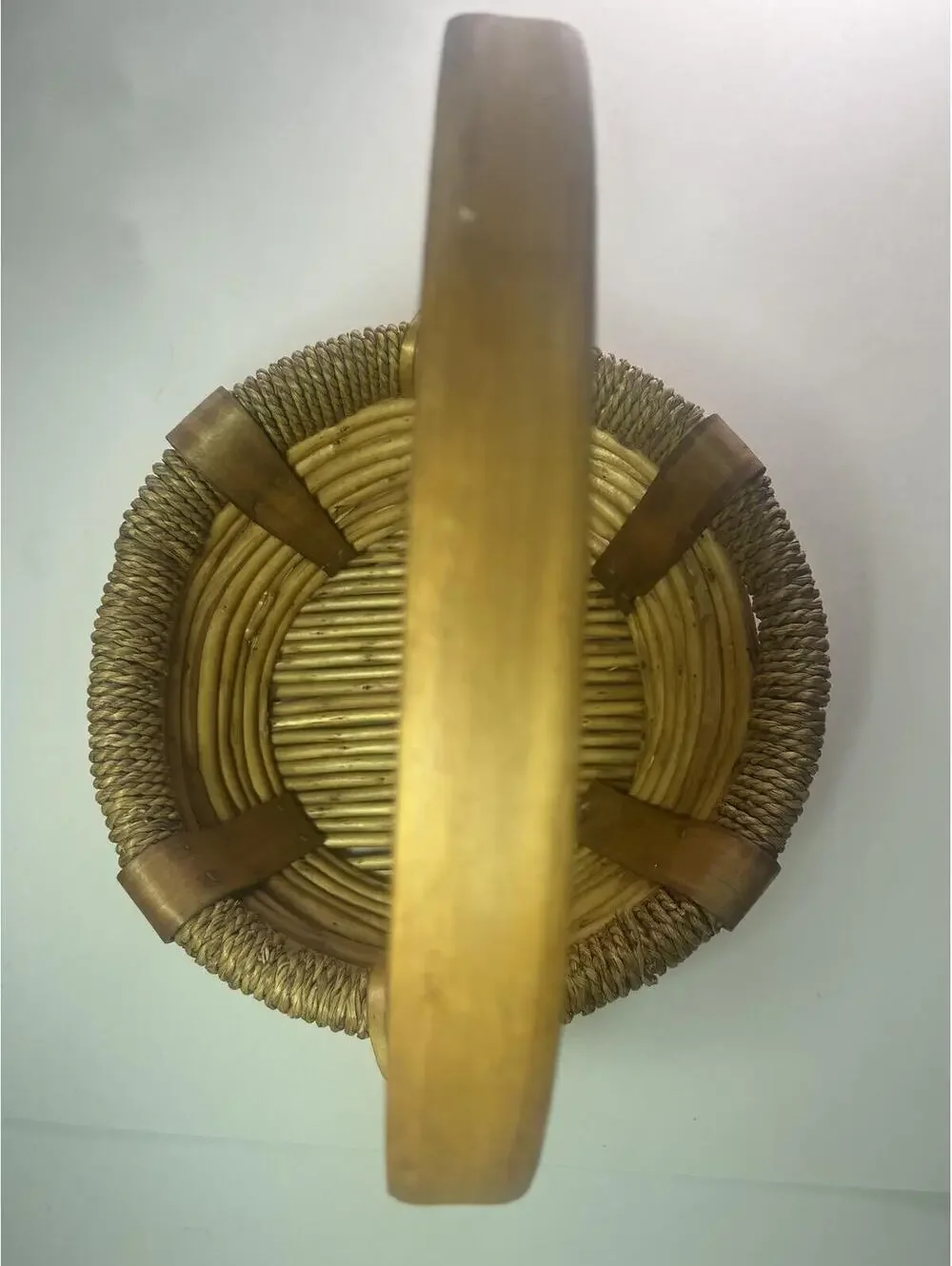 Vintage Wooden Woven Rattan Basket with Arc Handle